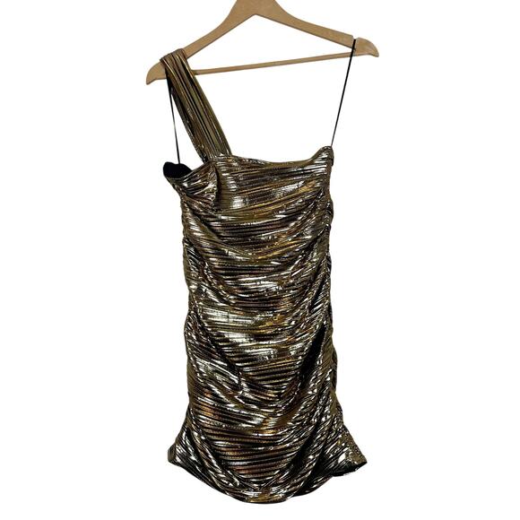 NWT ASTR Golda Mini Dress Womens M Gold One Shoulder Ruched Cocktail Going Out - Picture 5 of 8